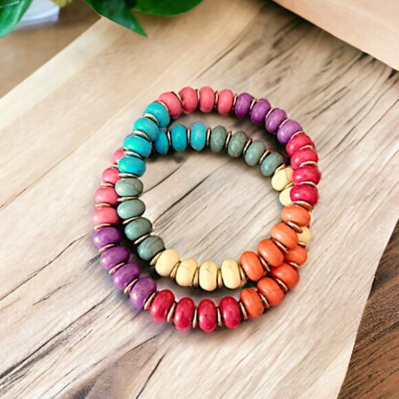 Colors of the Rainbow Stretch Bracelets Set of 2 Handmade NWOT - Picture 2 of 2